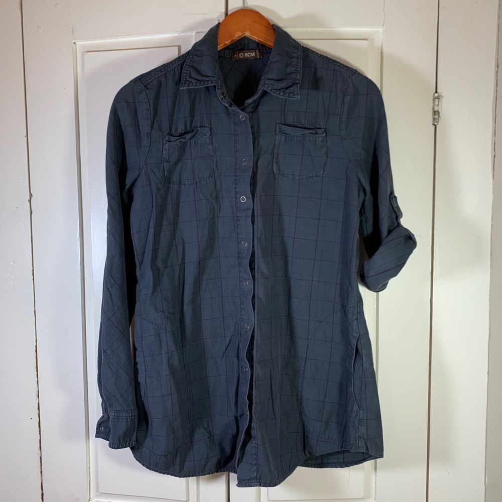 XCVI Womens Plaid Snap Front Utility Shirt Navy Blue Gray Boho Cotton Small